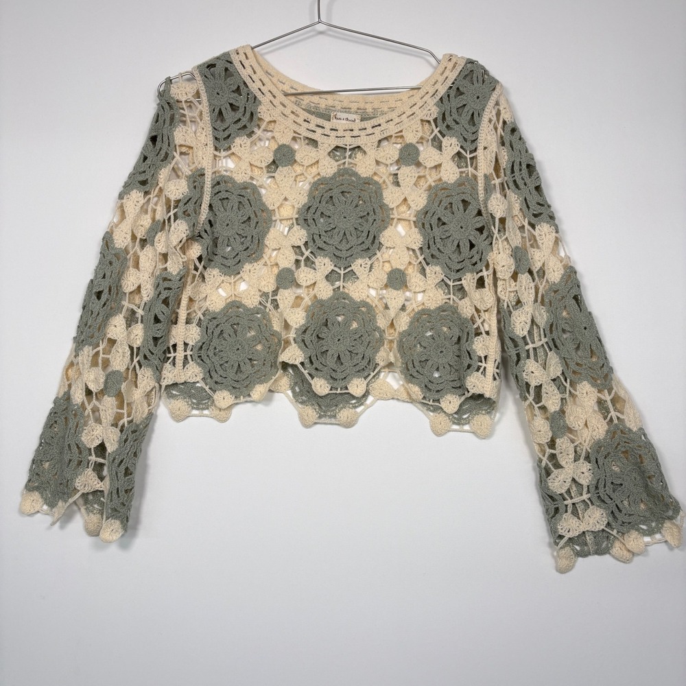 Hem & Thread Women Sweater S/M Cream Sage Green Crochet Knit Floral Boho Crop